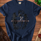 Dark blue t-shirt with a cracked angel graphic and text "Fine. Flourishing. Falling Apart."