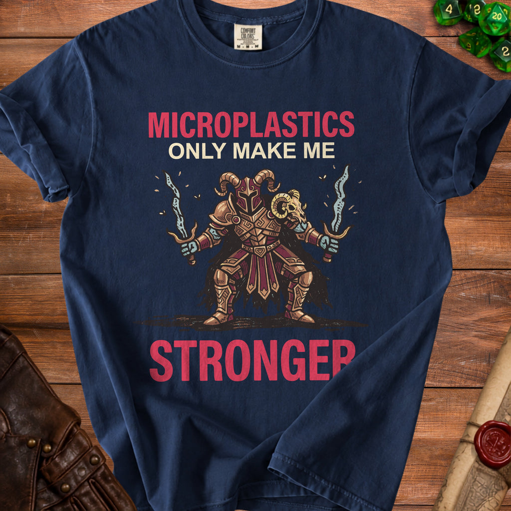 Dark blue t-shirt with a warrior graphic and text "MICROPLASTICS ONLY MAKE ME STRONGER".