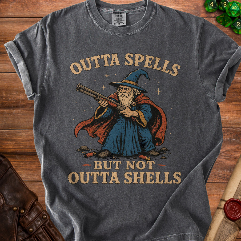 Wizard holding a shotgun with "Outta Spells But Not Outta Shells" text.