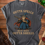Wizard holding a shotgun with "Outta Spells But Not Outta Shells" text.