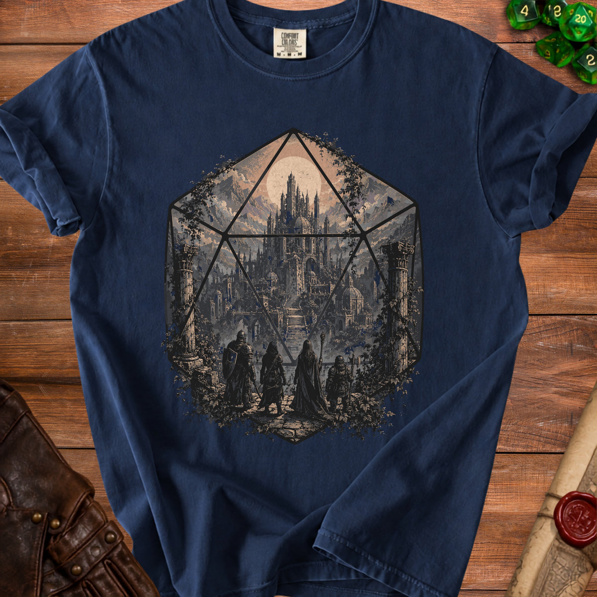 T-shirt with a graphic of a twenty-sided die containing a fantasy castle and adventurers.