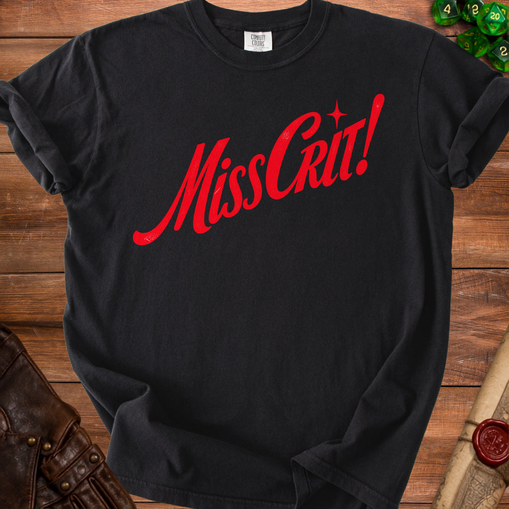 Black t-shirt with red "Miss Crit!" graphic and Comfort Colors tag.