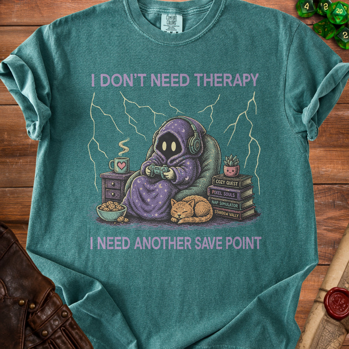 "I don't need therapy, I need another save point" graphic with gamer and cat.