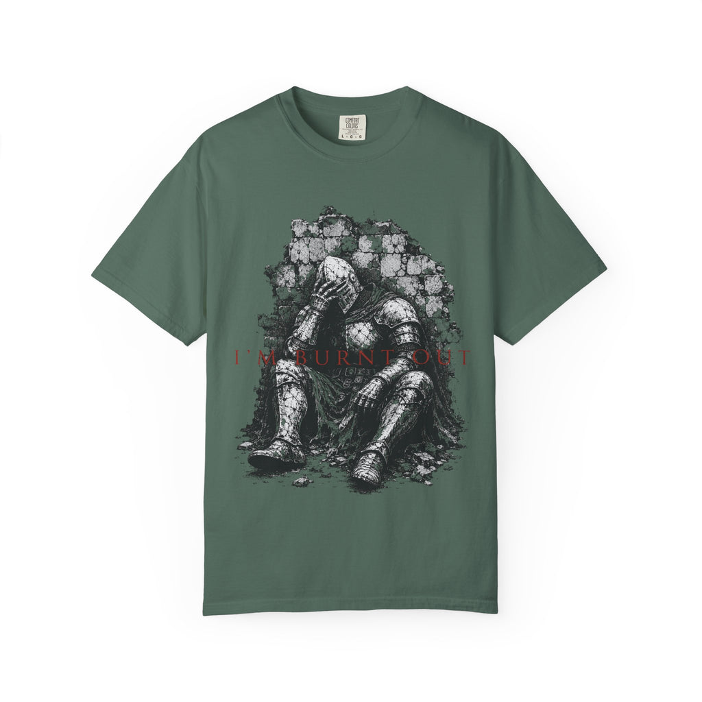 T-shirt with knight sitting by wall, text "I'M BURNT OUT".