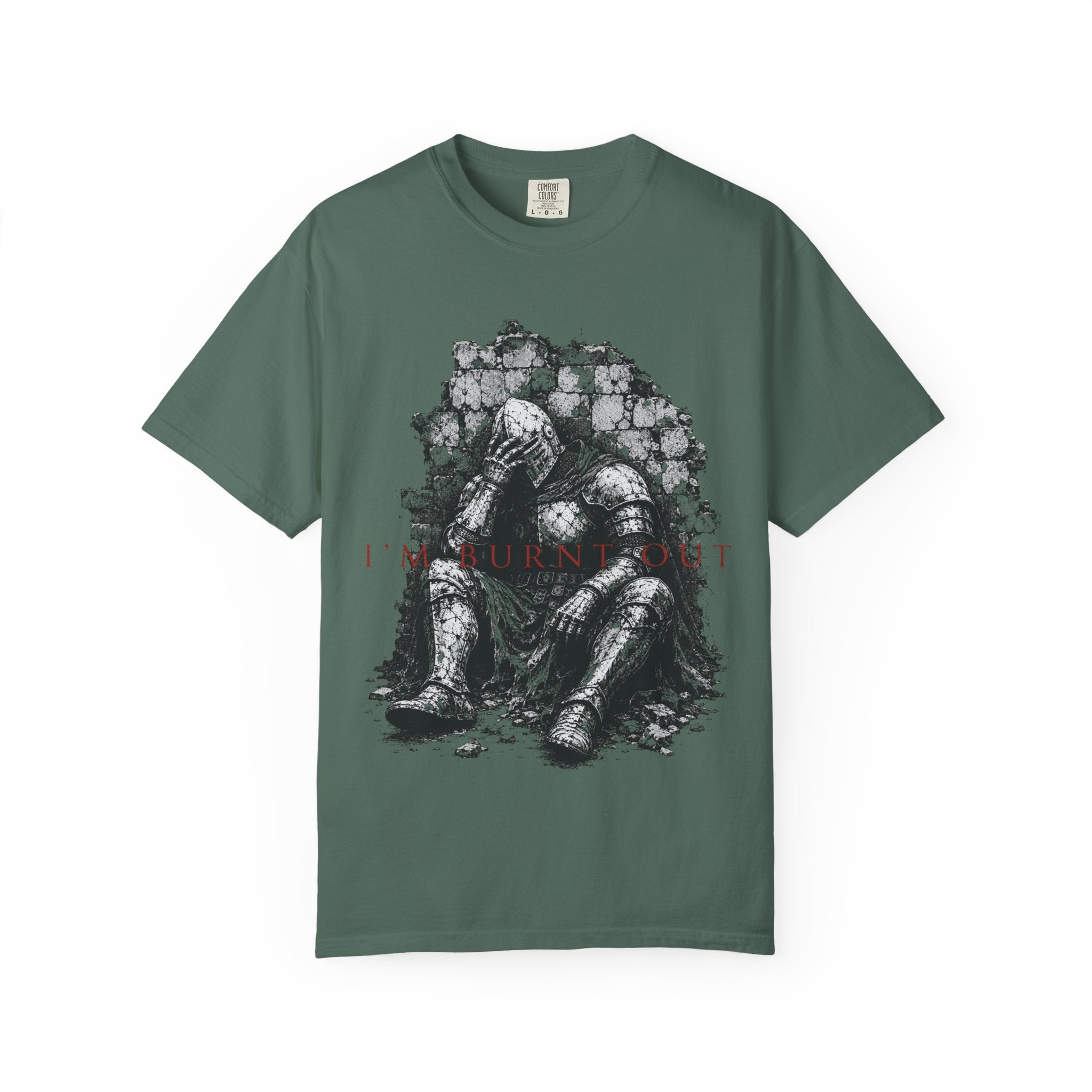 T-shirt with knight sitting by wall, text "I'M BURNT OUT".