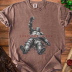 T-shirt with distressed knight graphic and "ZERO OUT OF TEN" text.