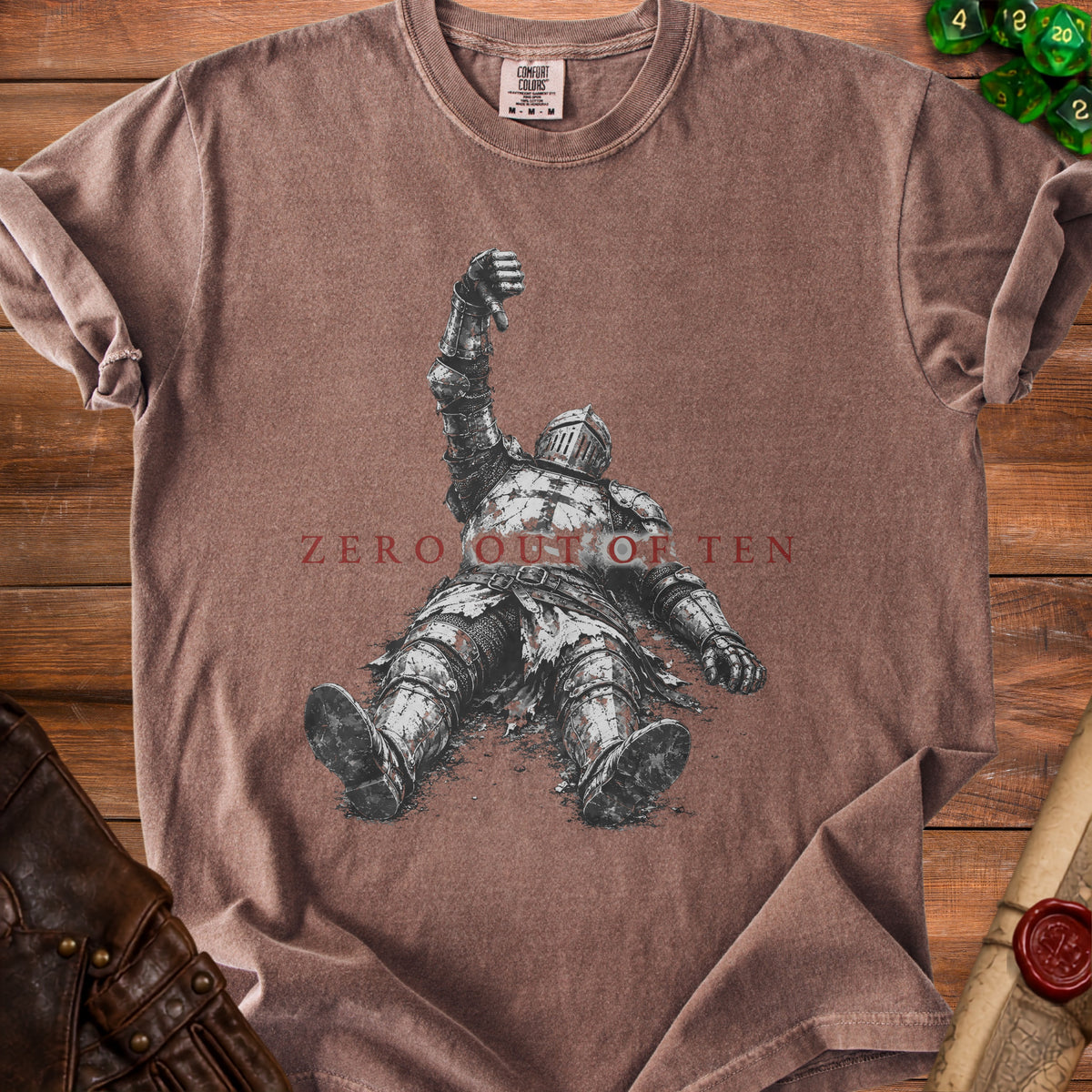 T-shirt with distressed knight graphic and "ZERO OUT OF TEN" text.