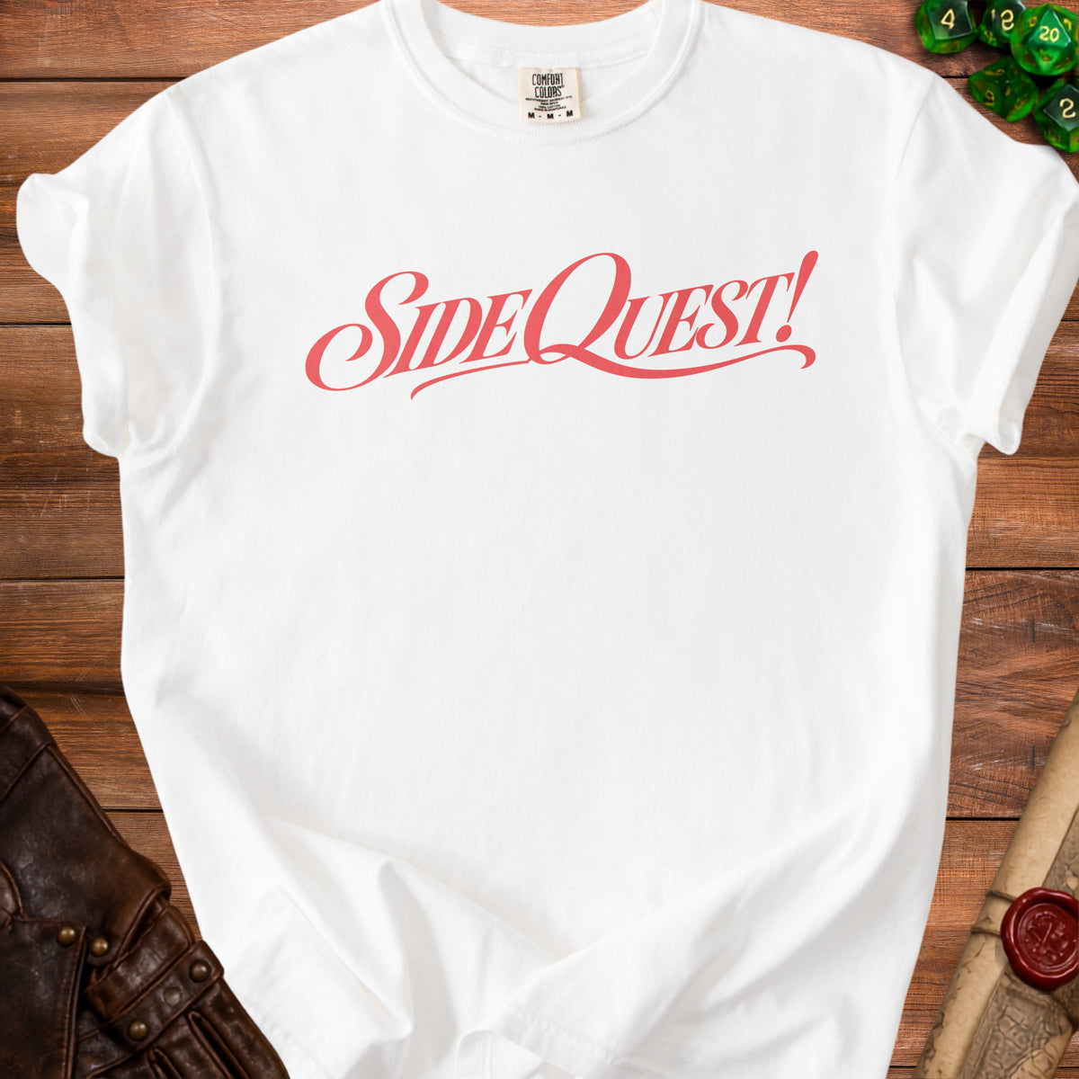 White t-shirt with red "Side Quest!" graphic and tag.
