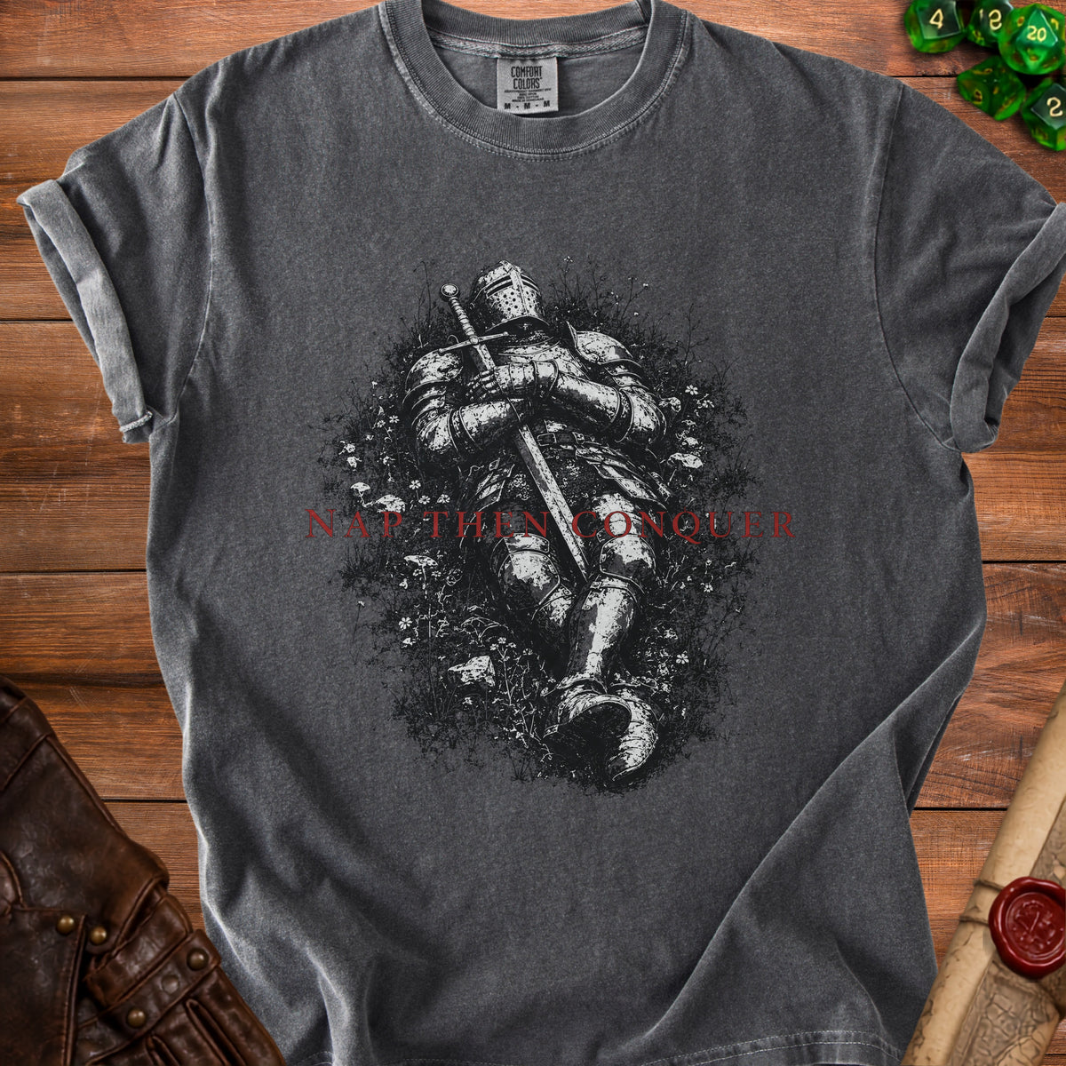 T-shirt with knight in armor on field of flowers, reads "AR THEN CONQUER".