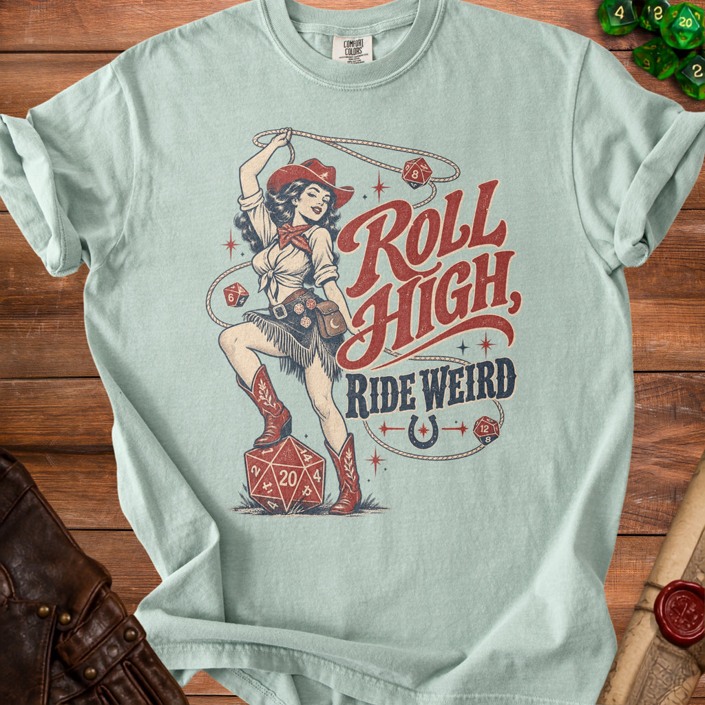 Cowgirl with lasso and dice graphic with text "Roll High, Ride Weird".