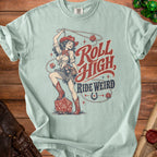 Cowgirl with lasso and dice graphic with text "Roll High, Ride Weird".