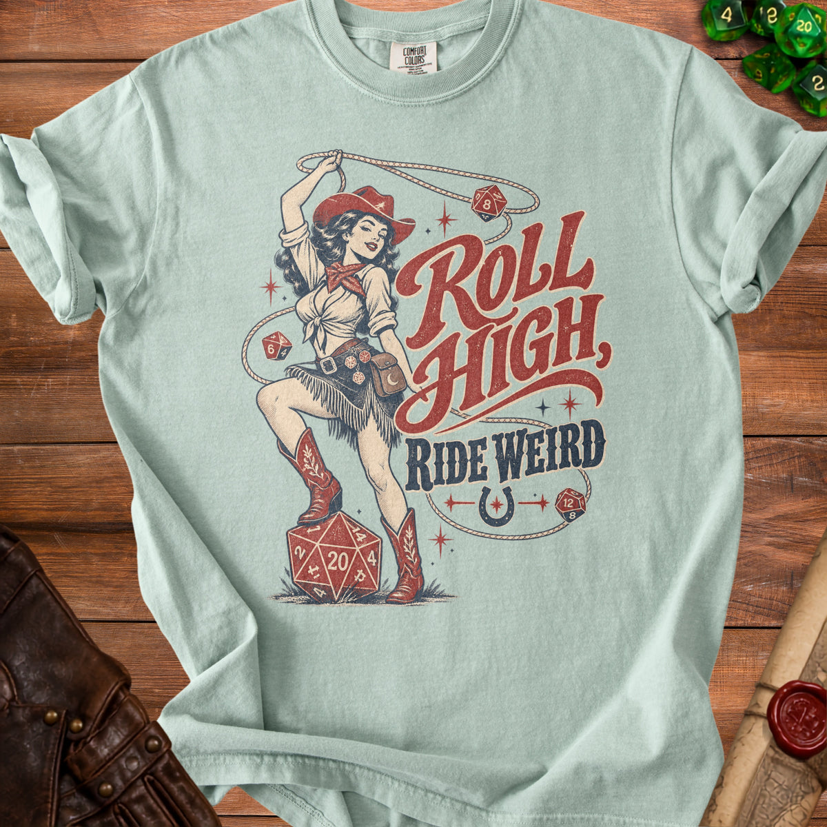 Cowgirl with lasso and dice graphic with text "Roll High, Ride Weird".