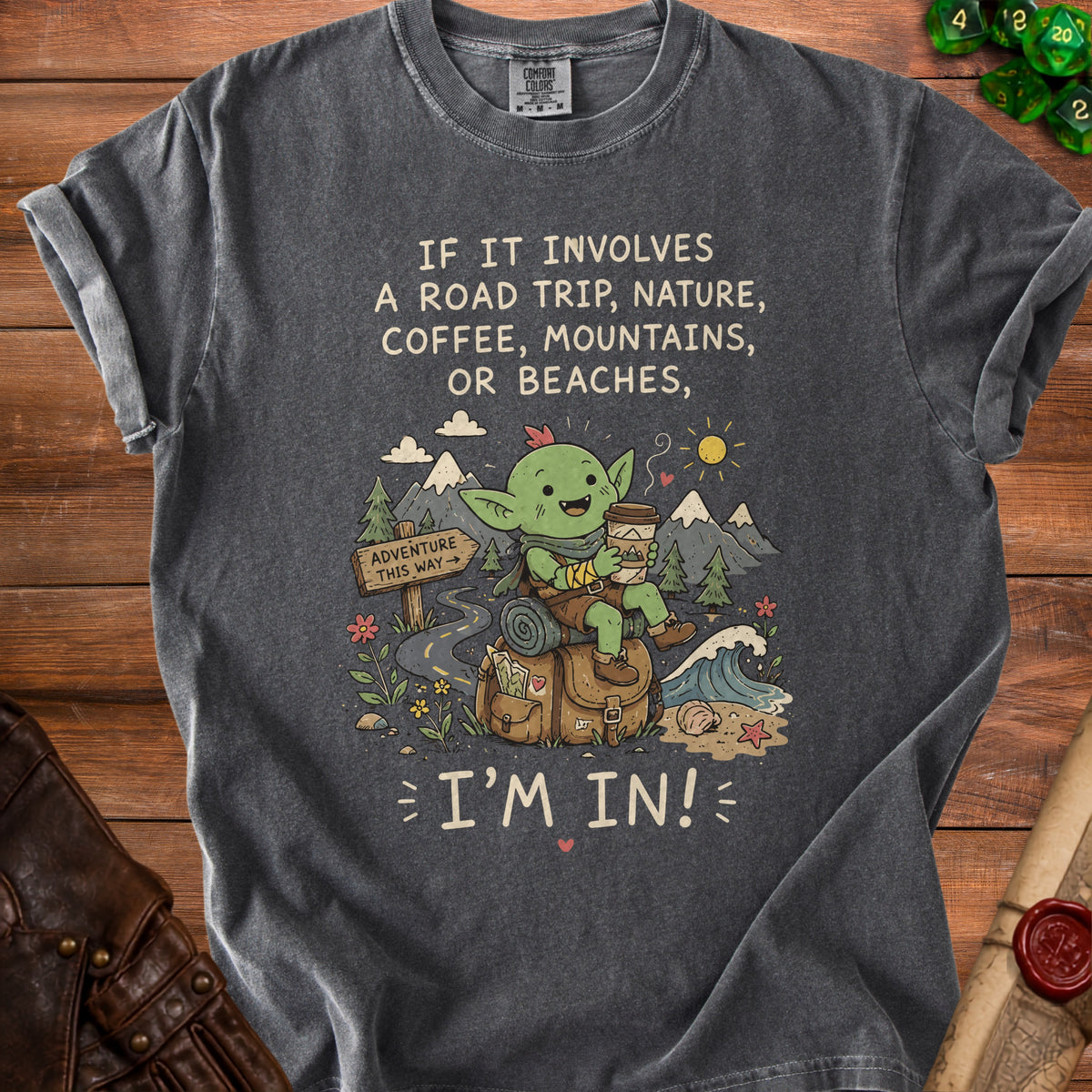 Green creature with coffee on backpack next to mountains, ocean, and road sign. "I'm In!"