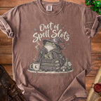 Brown t-shirt with illustration of a frog wizard saying "Out of Spell Slots".