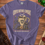 Purple t-shirt with "Coffee Before Combat" and "Roll Initiative After Breakfast" graphics.