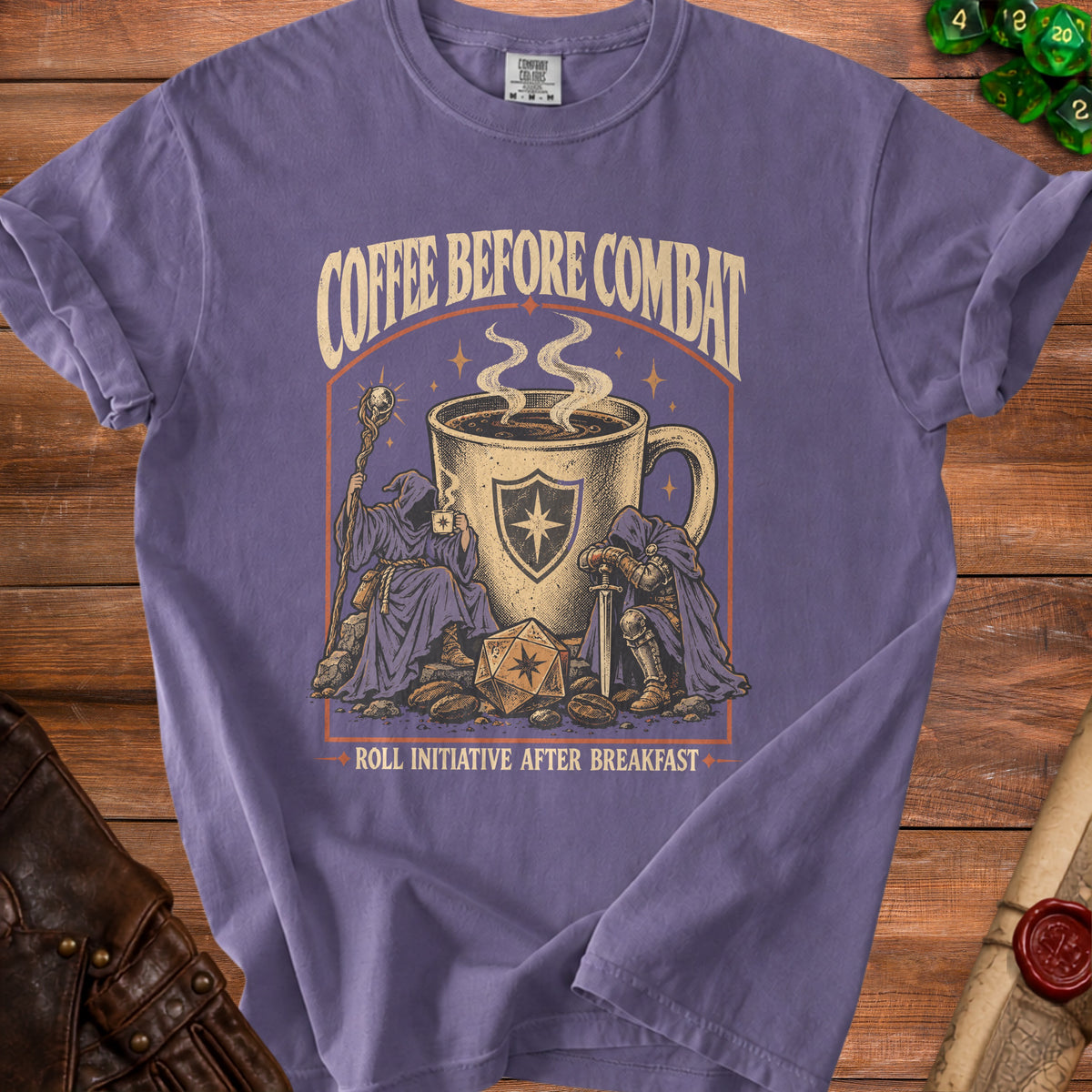 Purple t-shirt with "Coffee Before Combat" and "Roll Initiative After Breakfast" graphics.