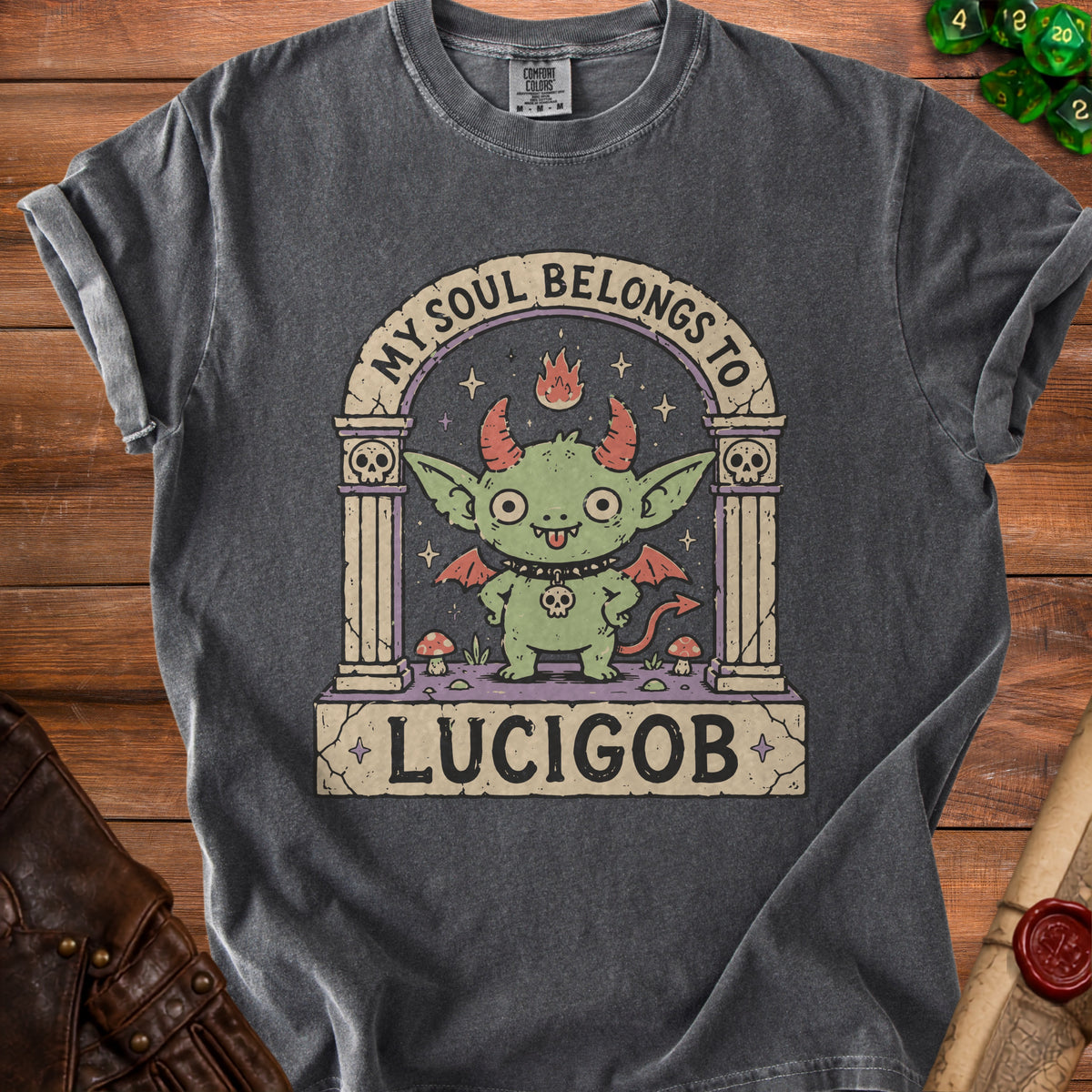 Grey t-shirt with a cartoon devil graphic and the text "MY SOUL BELONGS TO LUCIGOB".