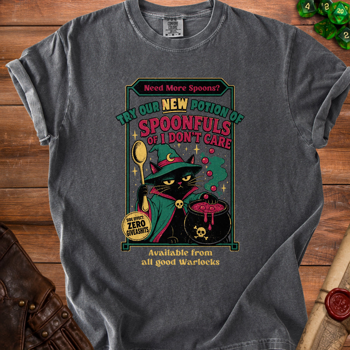 Black cat wizard holding spoon, with "Spoonfuls of I Don't Care" text.