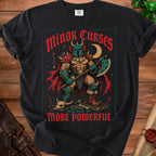 Black t-shirt with a fantasy warrior graphic and "Minor Curses Only Make Me More Powerful" text.