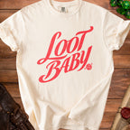 Cream t-shirt with red "Loot Baby" text and a twenty-sided die graphic.