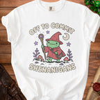 White t-shirt with a green frog wizard graphic that says "OFF TO COMMIT SHENANIGANS".