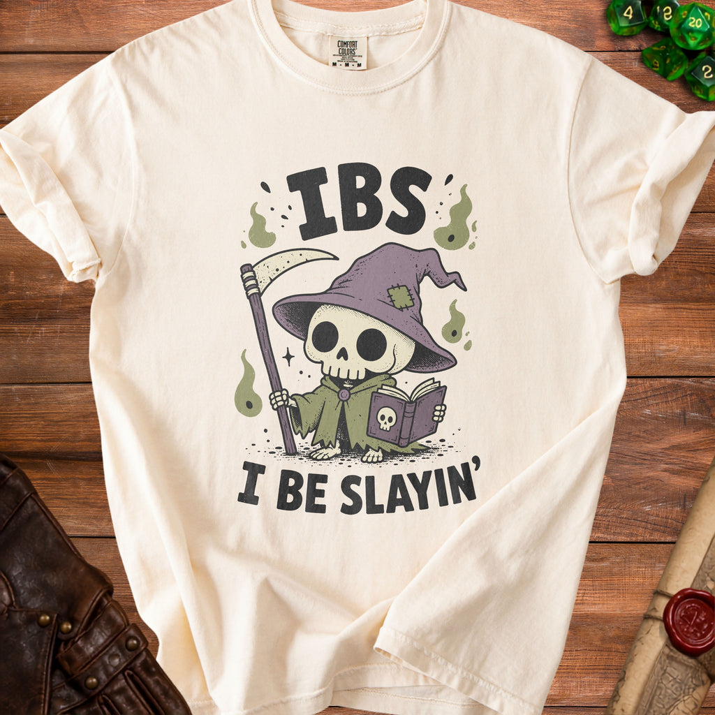 Cream t-shirt with grim reaper skeleton graphic and text "IBS I BE SLAYIN'".