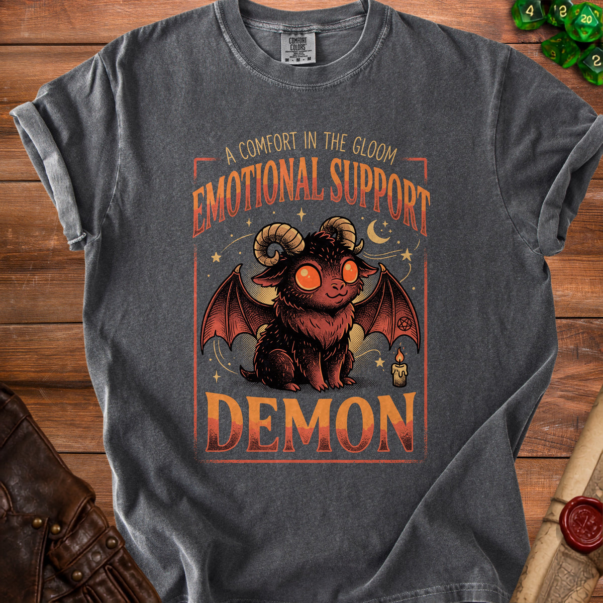 Dark gray t-shirt with "Emotional Support Demon" graphic featuring a cute demon character.