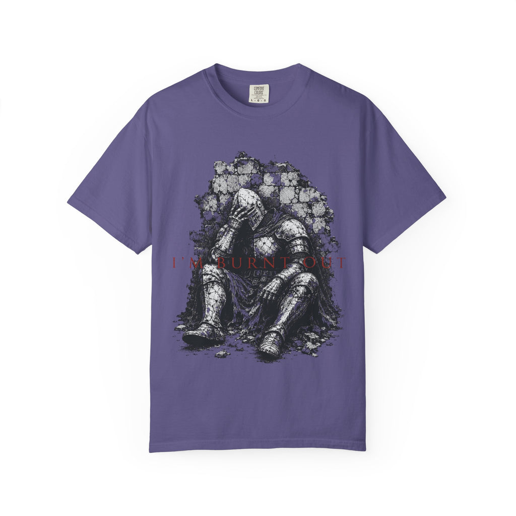 Purple t-shirt with illustration of knight sitting against rubble, reading "I'M BURNT OUT".
