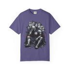 Purple t-shirt with illustration of knight sitting against rubble, reading "I'M BURNT OUT".