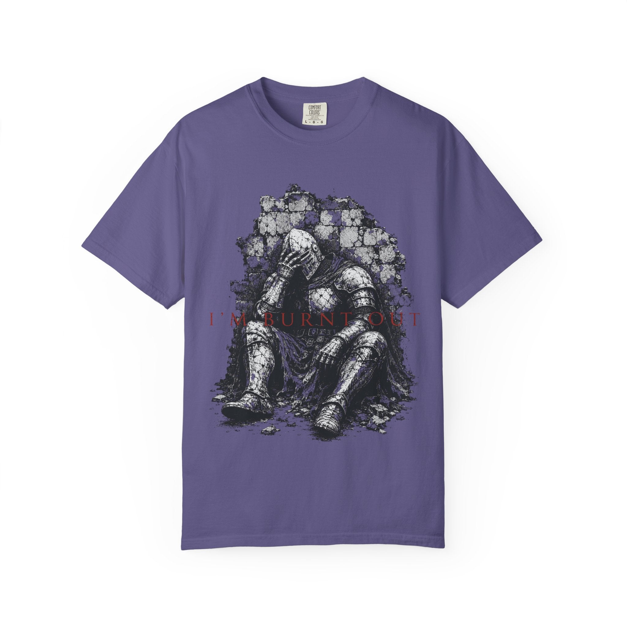 Purple t-shirt with illustration of knight sitting against rubble, reading "I'M BURNT OUT".