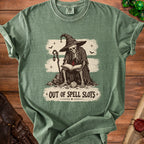 Skeleton wizard reading a book with "OUT OF SPELL SLOTS" text.