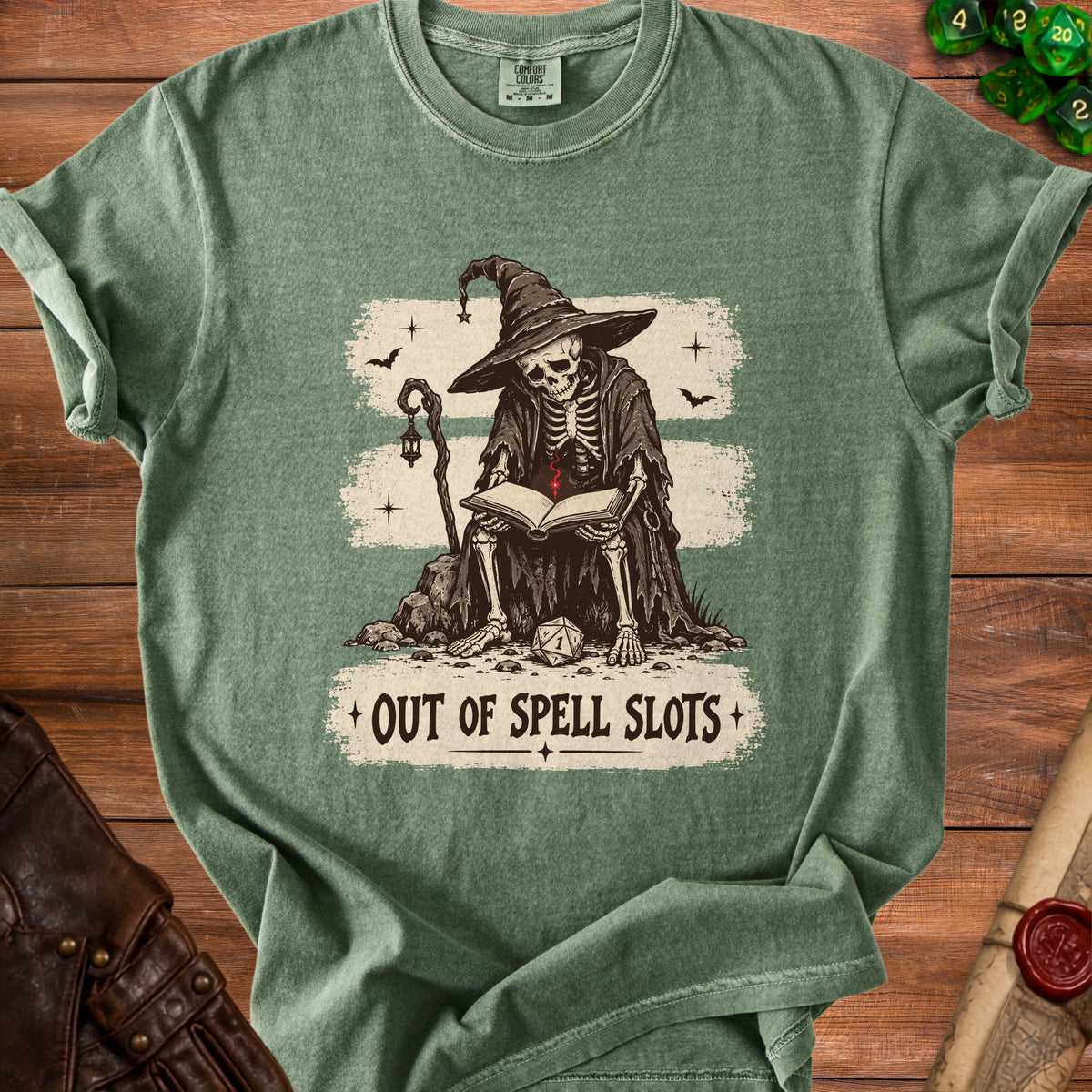 Skeleton wizard reading a book with "OUT OF SPELL SLOTS" text.