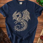 Navy t-shirt with a detailed line art dragon covered in flowers and leaves.