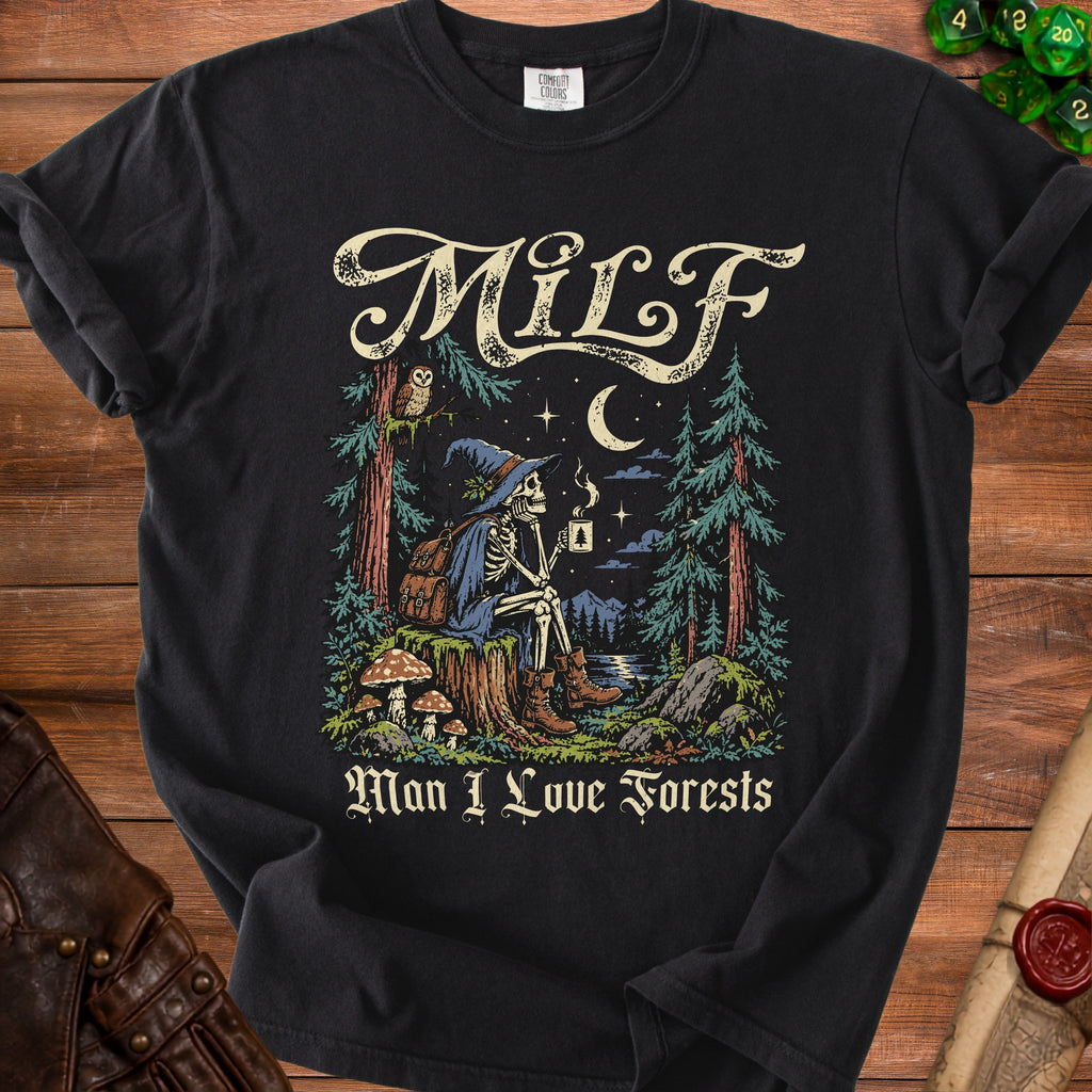 Black t-shirt with skeleton wearing wizard hat, drinking coffee in forest scene.
