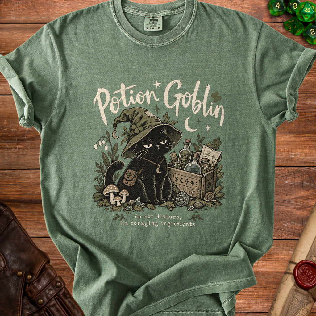 Black cat wearing a witch hat, with potion ingredients and dice. "Potion Goblin" text.