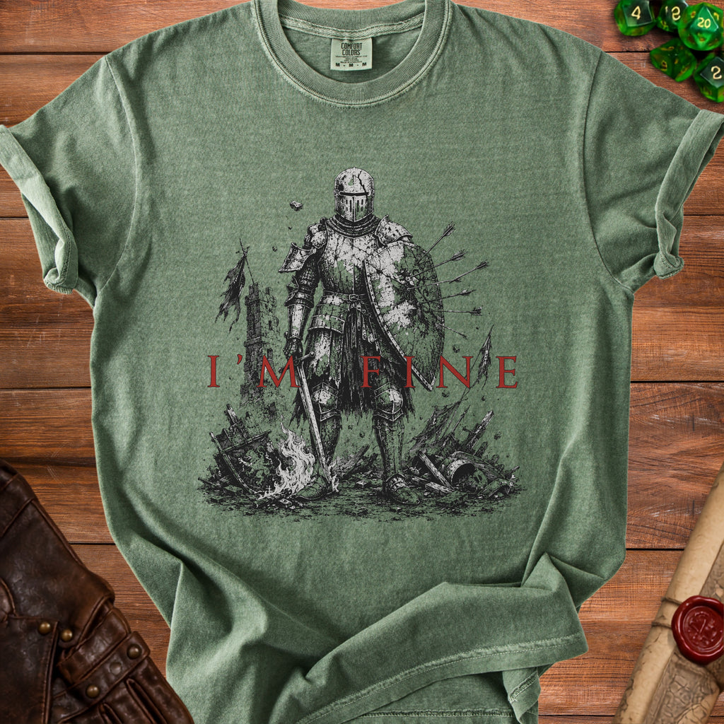 Green t-shirt with a knight graphic and the text "I'M FINE"