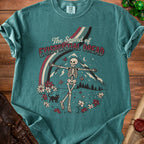 Skeleton with outstretched arms below "The Sound of Existential Dread" text.