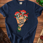 Navy t-shirt with "Say It With Mushrooms" text and mushroom bouquet graphic.