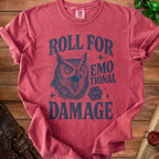 T-shirt with blue owl graphic and "ROLL FOR EMOTIONAL DAMAGE" text.
