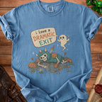 Skeleton warrior lying down with speech bubble saying "I love a dramatic exit".