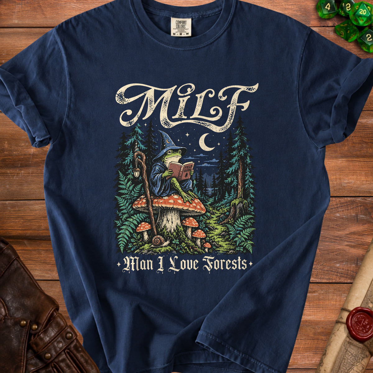 T-shirt with wizard frog reading "Field Guide" and text "Man I Love Forests".