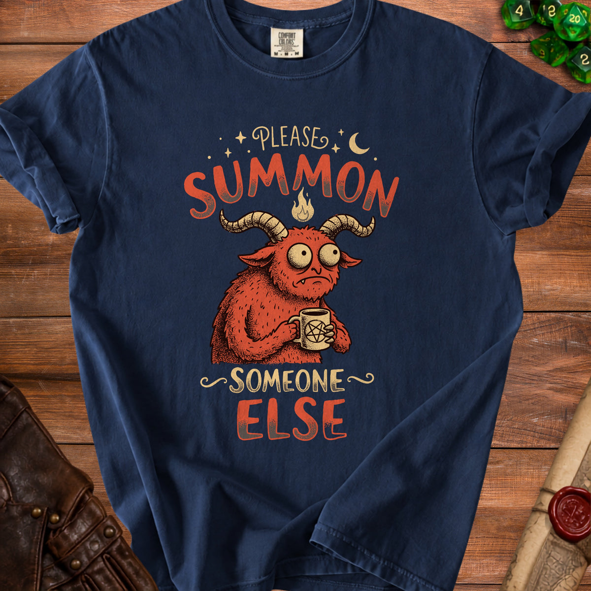 Navy t-shirt with red text "PLEASE SUMMON SOMEONE ELSE" and a demon holding a pentagram mug.