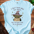 Light blue t-shirt with a goblin wearing a wizard hat holding a map and the text "I don't know what lies ahead... but I do know it will be an adventure."