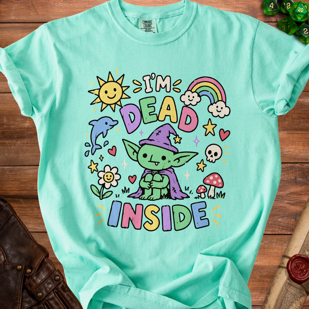 Green goblin graphic t-shirt with "I'm Dead Inside" text and playful elements.