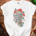 White t-shirt with "Freshly Picked Bad Decisions" text and mushroom graphic.