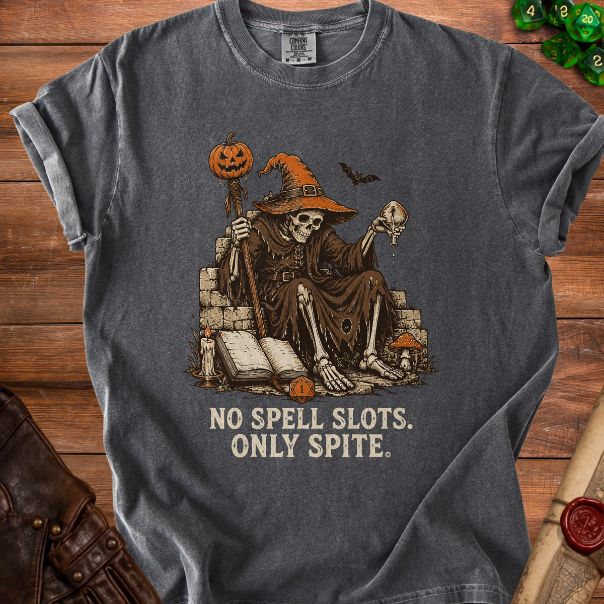Skeleton wizard with pumpkin staff and dice motif, "No Spell Slots. Only Spite." text.