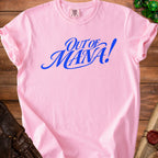 Pink t-shirt with blue "Out of Mana!" text and a roll of parchment.