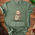 Green t-shirt with a cartoon character wearing an "Important NPC" tag and holding a staff.