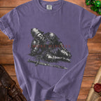 Purple t-shirt with skeleton knight graphic and "5 MORE MINUTES" text.