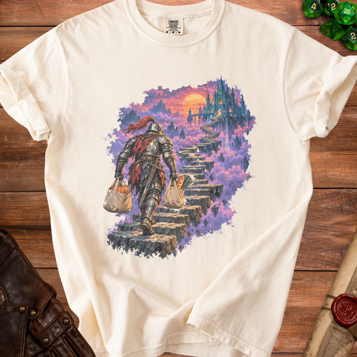 Knight in armor carrying groceries up floating stone stairs to a castle.
